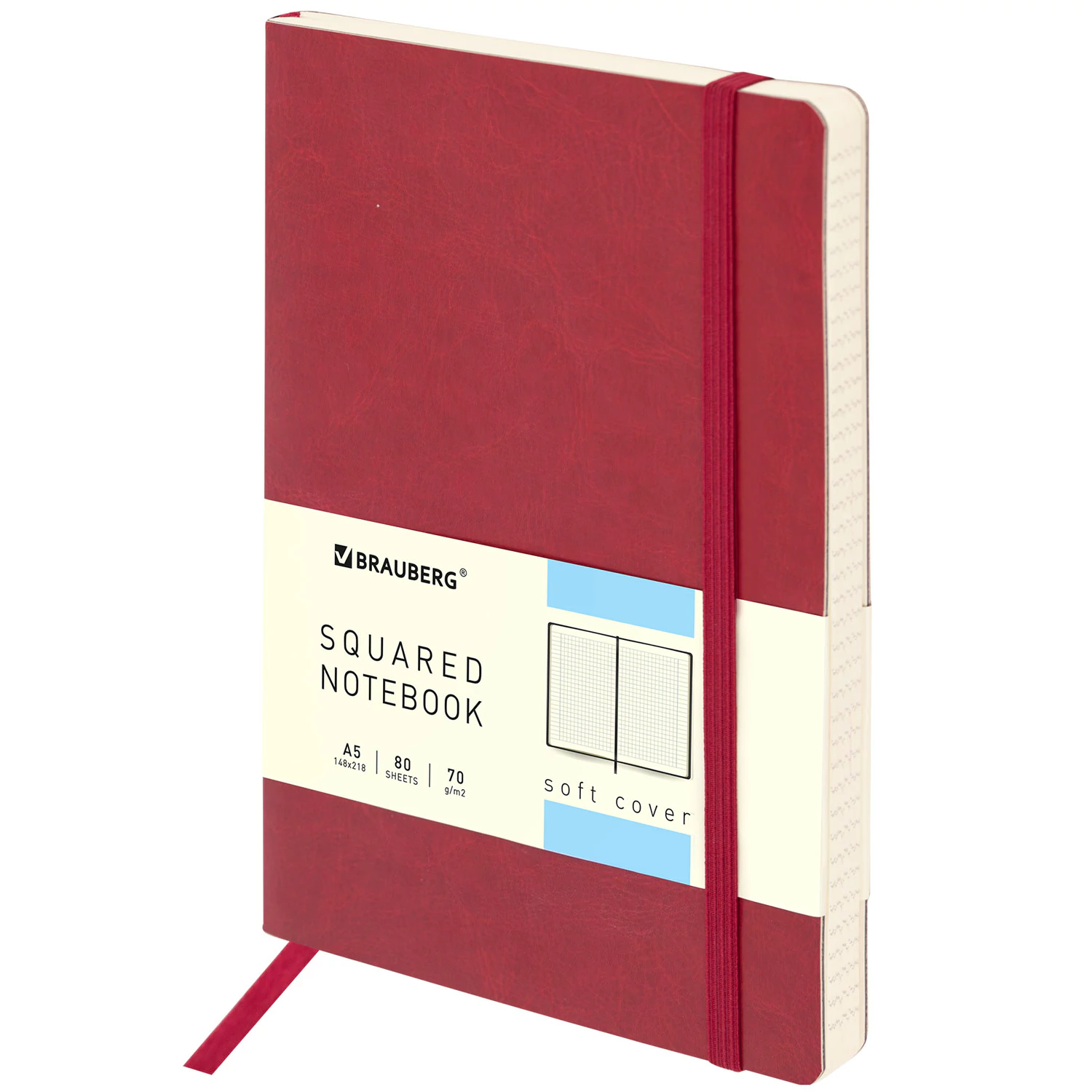 Блокнот А5 148x218мм, BRAUBERG Metropolis Ultra, под кожу, 80л, резинка, клетка, красный, 111018