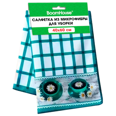 Салфетка из МИКРОФИБРЫ универсальная, 40х60 см, бирюзовая клетка, орнамент, 240 г/м2, BOOMHOUSE (БУМХАУС), 700879