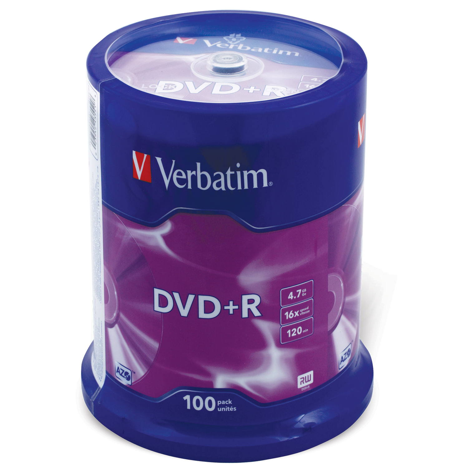 Диски DVD+R (плюс) VERBATIM 4,7 Gb 16x Cake Box (упаковка на шпиле), КОМПЛЕКТ 100 шт.,  43551 510259