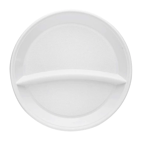 Одноразовые тарелки 2-х секционные КОМПЛЕКТ 100 шт. 210 мм, белые, ПС, холодное/горячее, LAIMA БЮДЖЕТ, 608770