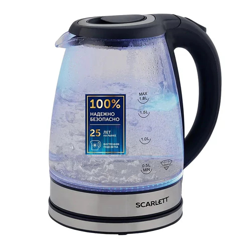 Чайник SCARLETT SC-EK27G88, 1,8 л, 1800 Вт, закрытый нагревательный элемент, стекло, черный 457207 - МСК «Форвард»