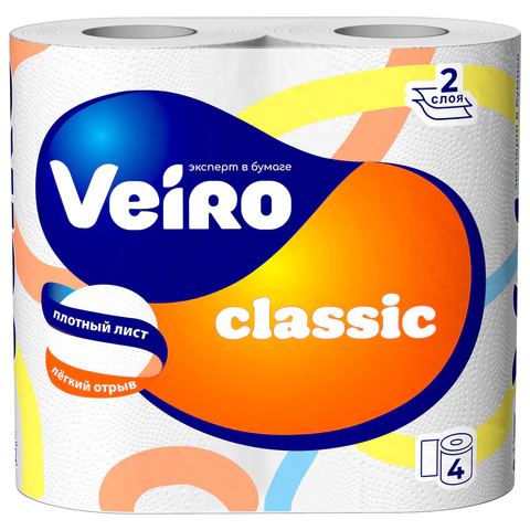 Бумага туалетная быт., спайка 4 шт., 2-х слойная, (4х17,5м),VEIRO Classic(Вейро),белая,5с24, 123208 - МСК «Форвард»