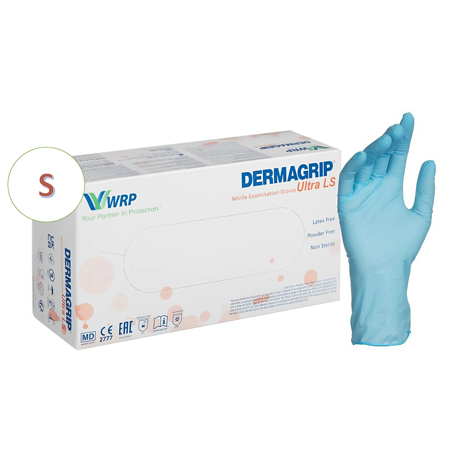 Перчатки нитриловые смотровые, 100 пар(200шт), повышенная чувств-ть, р-р. S(малый), DERMAGRIP Ultra  630074 ЧЕСТНЫЙ ЗНАК!
