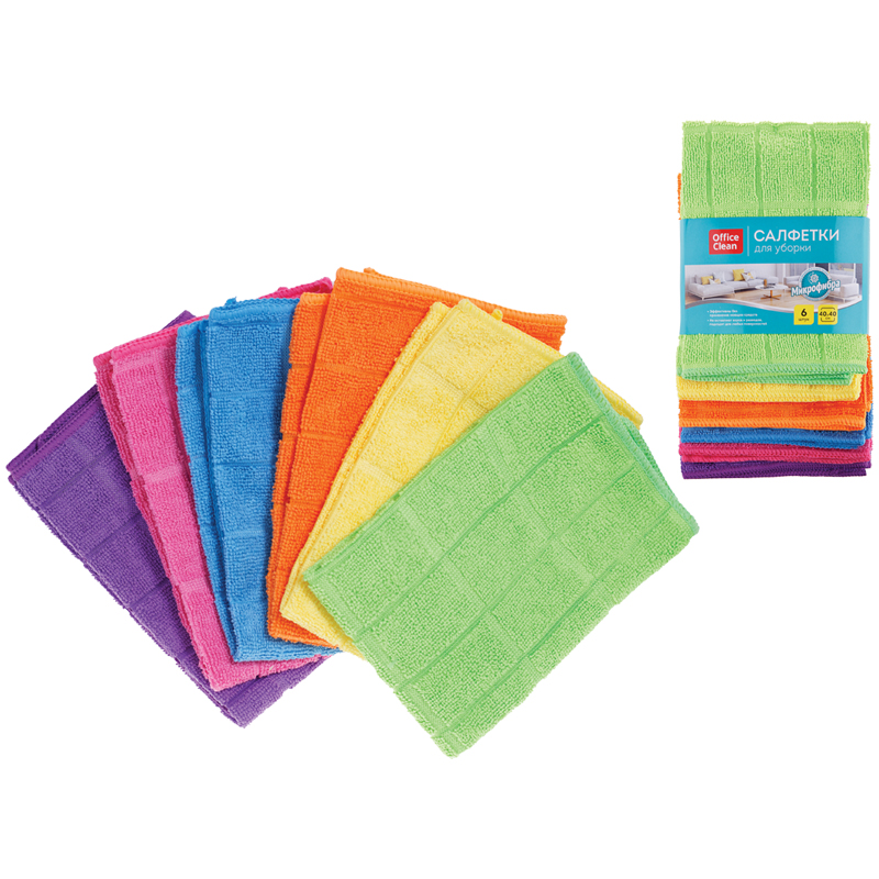Салфетки для уборки OfficeClean "Универсальные", набор 6шт., микрофибра, 40*40см, квадратное тиснение 304817