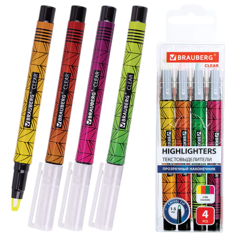 Набор текстовыделителей с прозрачным наконечником 4 ЦВЕТА, BRAUBERG "Clear", линия 1-5 мм, 152426 - МСК «Форвард»