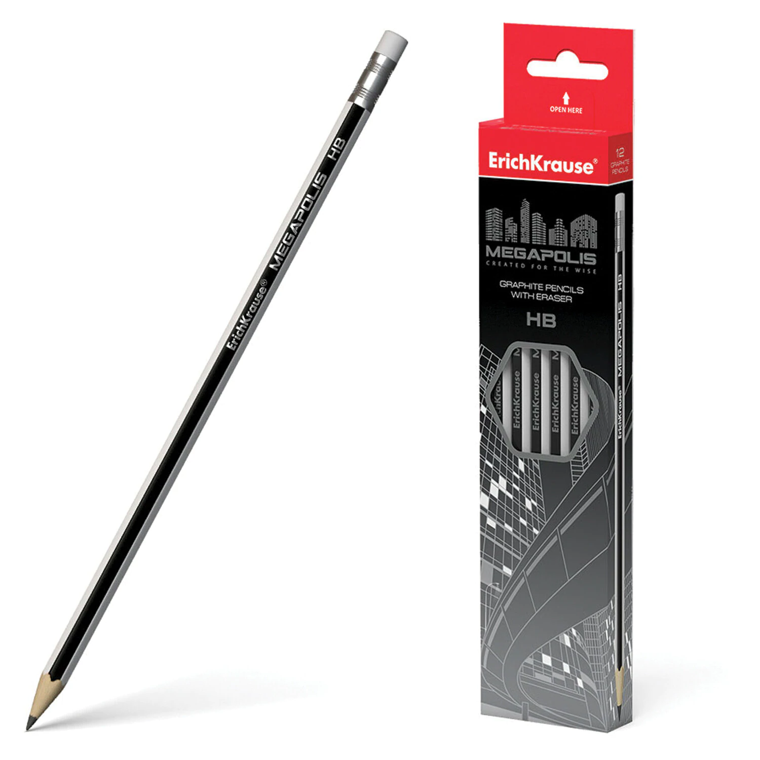 Карандаш чернографитный ERICH KRAUSE, 1 шт., "Megapolis", HB, с ластиком, корп.серебр.,заточен,32860 180929