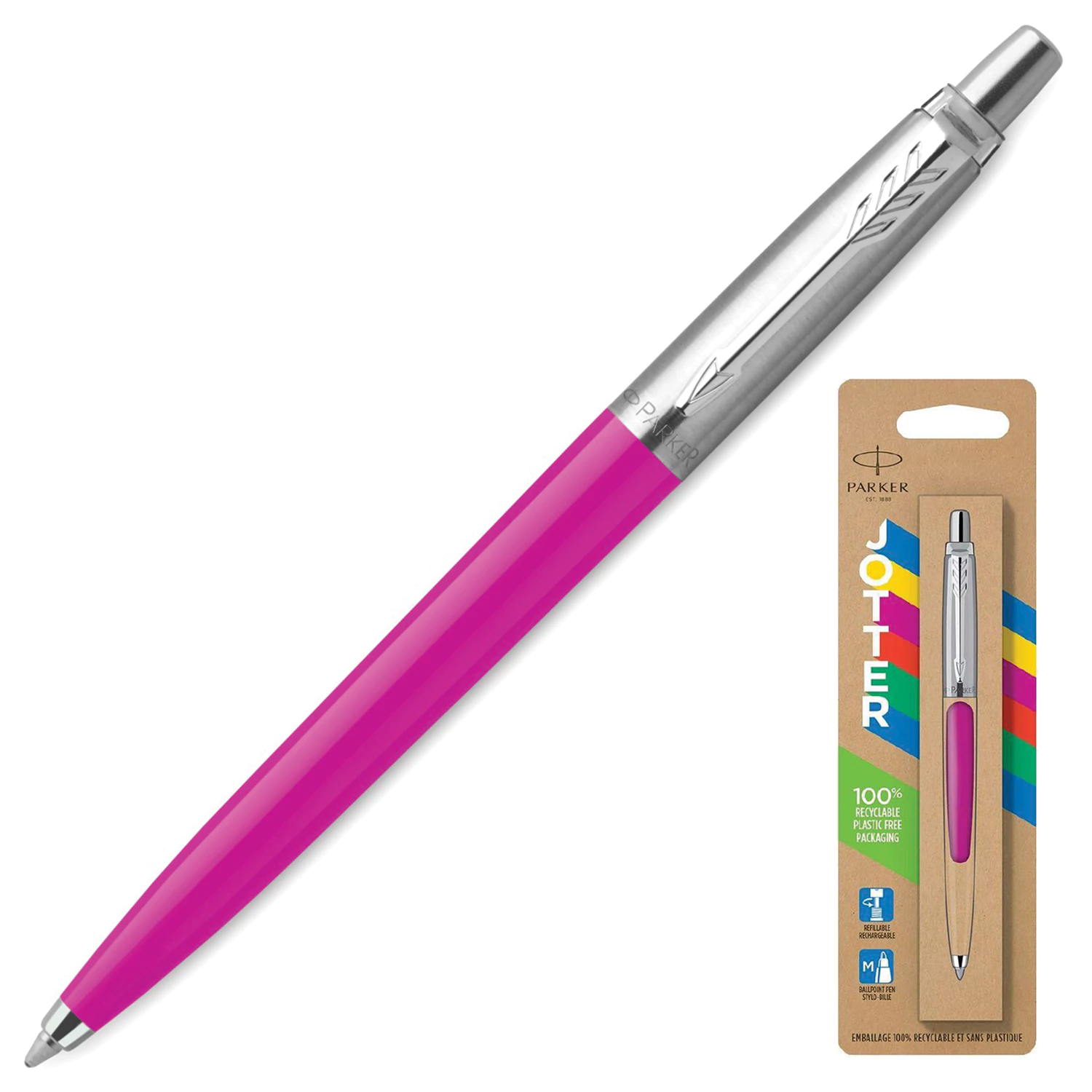 Ручка шариковая PARKER Jotter Orig Magenta, розовый, нержавеющая сталь, блистер, синяя, 2075996 143861
