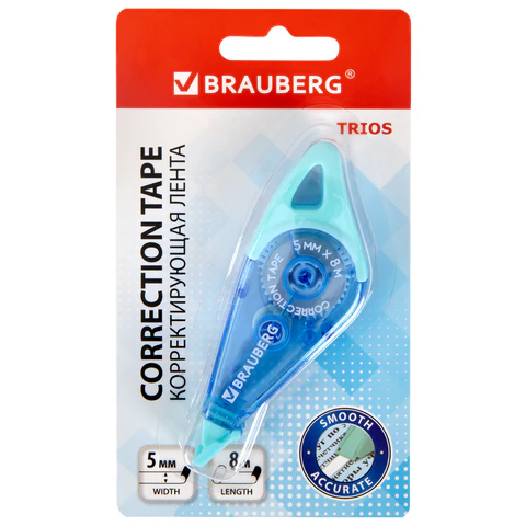 Корректирующая лента BRAUBERG "TRIOS", 5 мм х 8 м, корпус мятно-голубой с подвесом, блистер, 273023 - МСК «Форвард»