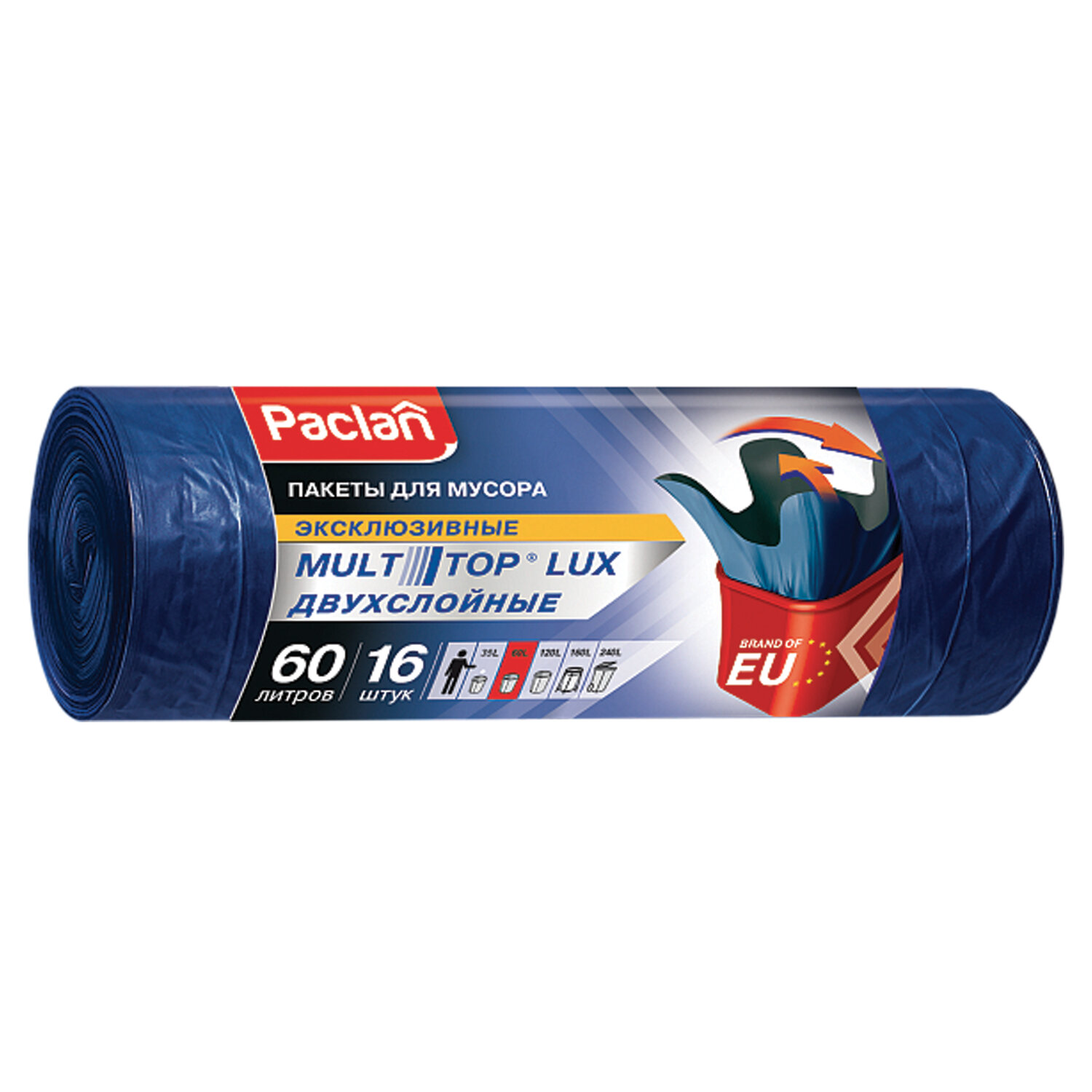 Мешки д/мусора 60л, с ушками, синие, рулон 16шт, ПВД, 30мкм, 60х75см, PACLAN "Multitop Lux", 606330