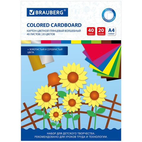 Картон цветной А4 МЕЛОВАННЫЙ ВОЛШЕБНЫЙ EXTRA, 40л. 20цв., в папке, BRAUBERG, 200х290мм 113545