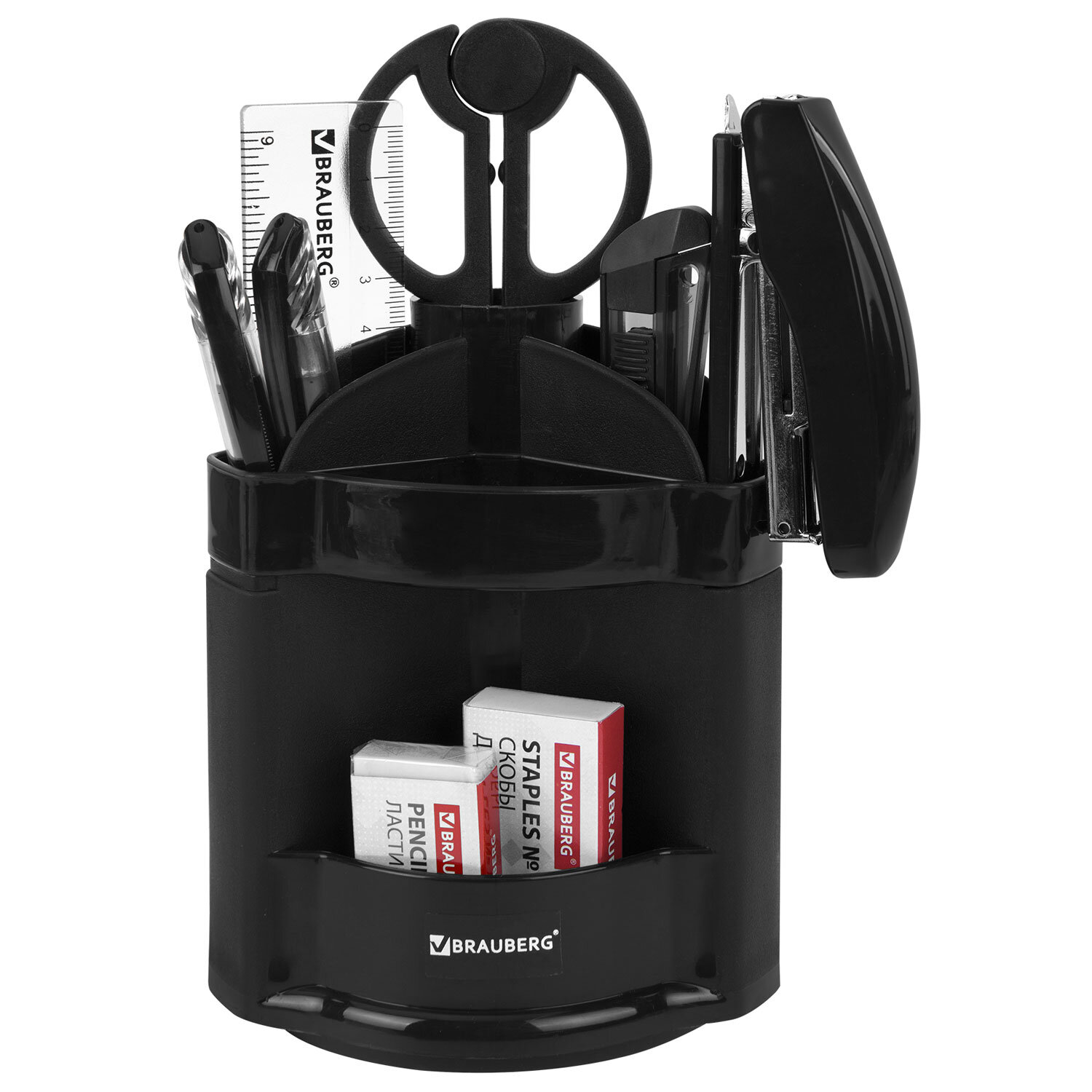 Канцелярский набор BRAUBERG "Офисный 100", 10 предметов, вращ. конструкция, черный, блистер, 236949