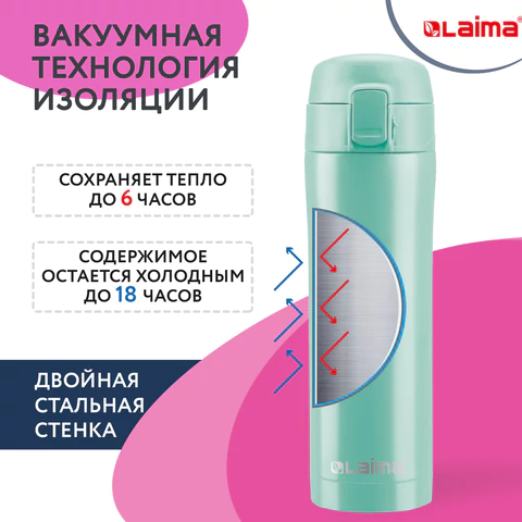 Термокружка 470 мл из нержавеющей стали SUS304, сочно-мятный матовый, LAIMA, 608826 - МСК «Форвард»