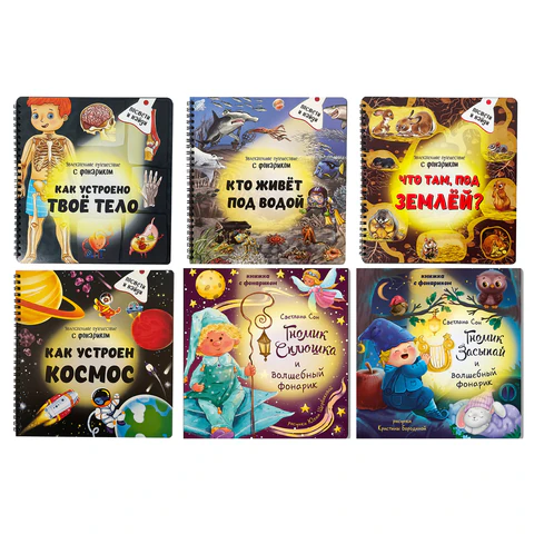 Книжка с фонариком "Познаю мир", КОМПЛЕКТ 6ШТ 210х230 мм, 12 страниц, АССОРТИ, Бимбимон 691202