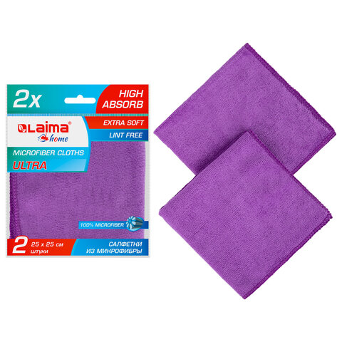 Салфетка из МИКРОФИБРЫ универсальная 25х25 см, КОМПЛЕКТ 2 шт., MULTI FIBER ULTRA, 280 г/м2, LAIMA 607789