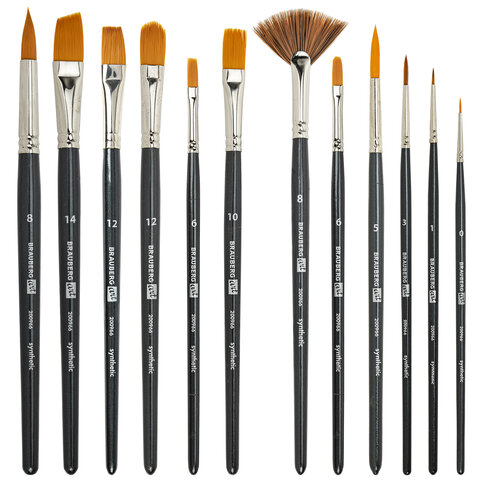 Кисти художественные набор 12 шт. в черном пенале, синтетика, BRAUBERG ART CLASSIC, № 0-14 + веерная, 200966 - МСК «Форвард»