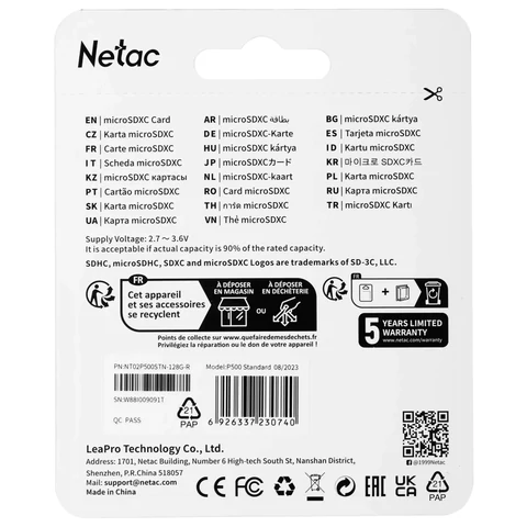 Карта памяти microSDXC 128 ГБ, NETAC P500 Standard, UHS-I U3, 128 Мб/с, (class 10), NT02P500PRO-128G-S 514056 - МСК «Форвард»