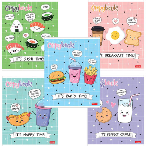 Тетрадь А5 48л. HATBER скоба, клетка,обложка картон, Пришла еда (5 видов в спайке),48Т5лВ1 404153