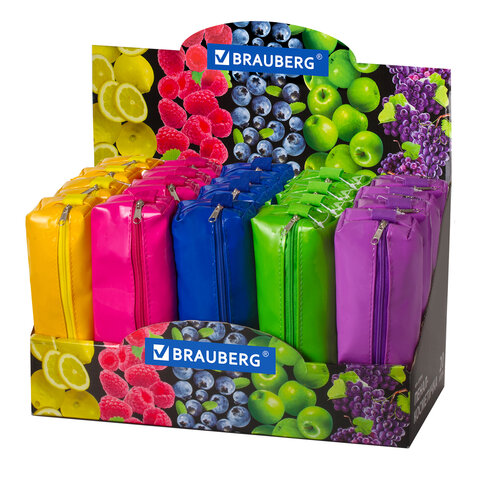 Пенал-косметичка BRAUBERG под искуств. кожу, ассорти 5 цветов, Блеск, 20*6*4см, дисплей, 223896