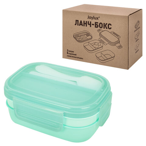 Ланч-бокс контейнер 3 секции, 8 отделений, 1,9 л, ложка, вилка, нож, 10х21х14 см, мятный, JOYLUX, 609350 - МСК «Форвард»