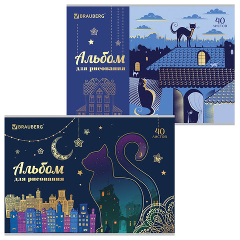 Альбом для рисования А4 40л., скоба, тиснение фольгой, BRAUBERG, 202х285мм, Кошечки (2вида), 105102