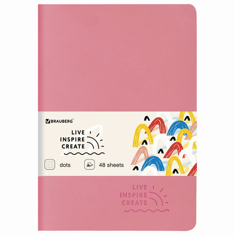 Тетрадь A5 (147х210мм) 48л, сшивка, в точку, кожзам SoftTouch, розовый, BRAUBERG RAINBOW, 403882