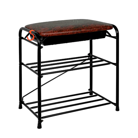 Банкетка для обуви "Альфа-13СЯ", 450х300х480 мм, 2 полки, ящик, металл/кожзам, черный/коричневый, ПДОА13СЯ Ч ZMI 700920