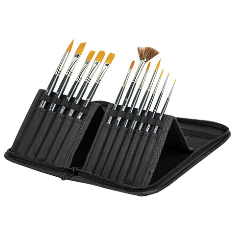Кисти художественные набор 12 шт. в черном пенале, синтетика, BRAUBERG ART CLASSIC, № 0-14 + веерная, 200966 - МСК «Форвард»