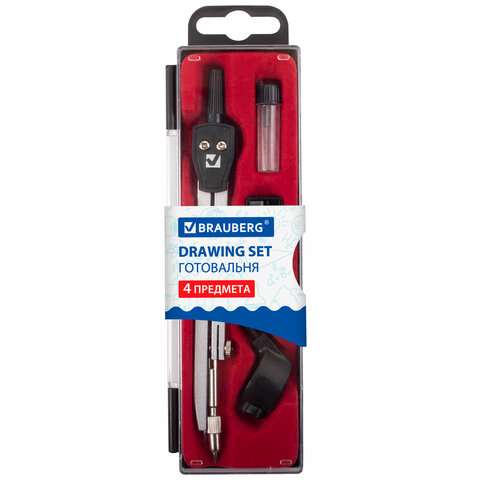 Готовальня BRAUBERG "Architect", 4 предмета:циркуль 135мм, держ. д/карандашей,точилка,грифель,210657