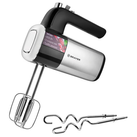 Миксер BRAYER BR1302, 800 Вт, 5 скоростей, 2 венчика, 2 крюка для теста, черный/серебро 456089