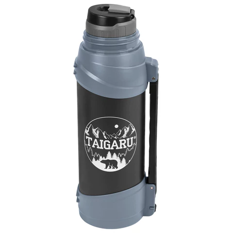Термос классический, нержавеющая сталь 2 л, черно-серый, 2 кружки, ручка + ремешок, TAIGARU (ТАЙГАРУ), 608818 - МСК «Форвард»