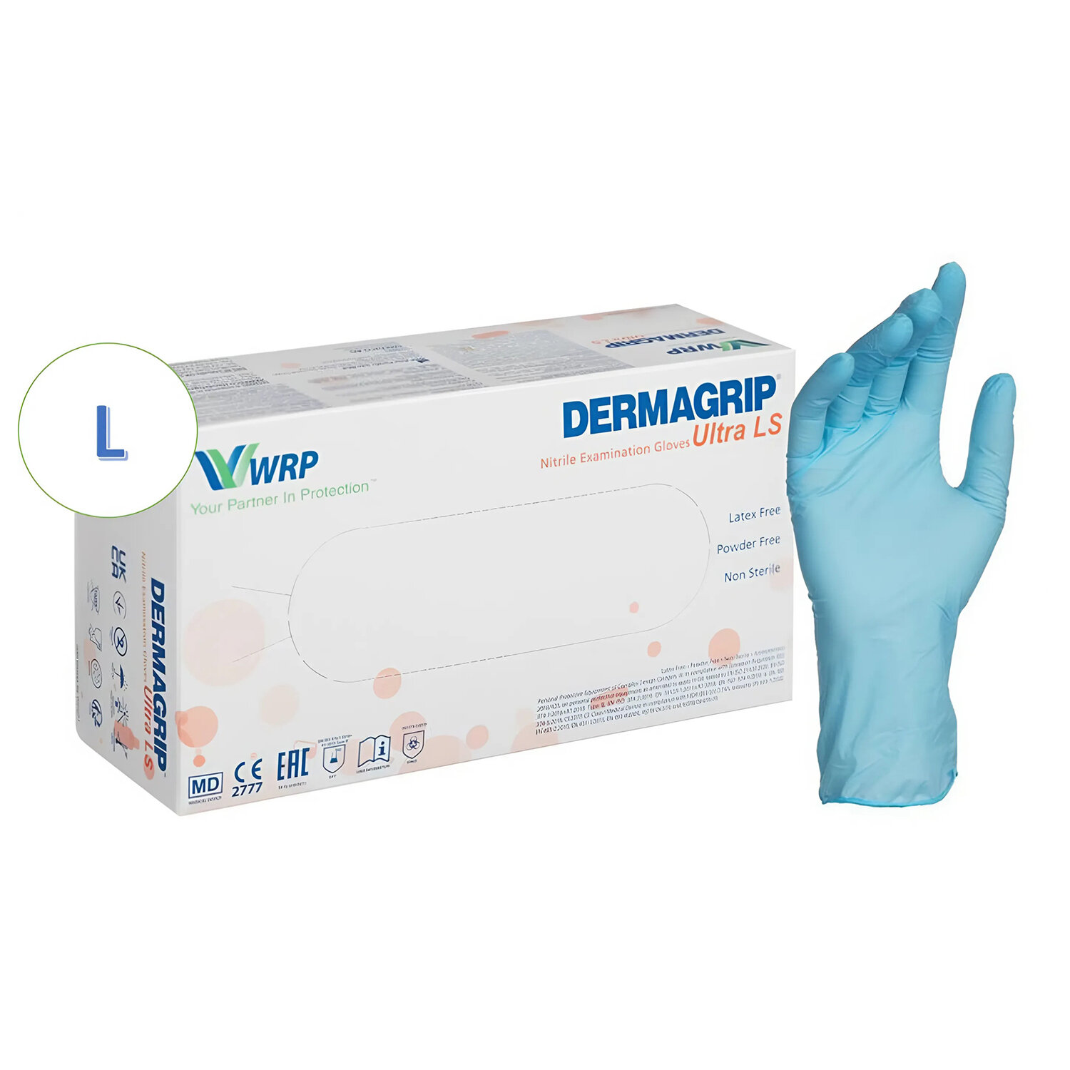 Перчатки нитриловые смотровые, 100 пар(200шт), повышенная чувств-ть, р-р L(большой), DERMAGRIP Ultra  630076 ЧЕСТНЫЙ ЗНАК!