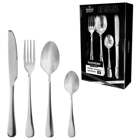 Набор столовых приборов PREMIUM 24 шт., 6 персон, серебристый, нержавеющая сталь, DASWERK (ДАСВЕРК), 609073