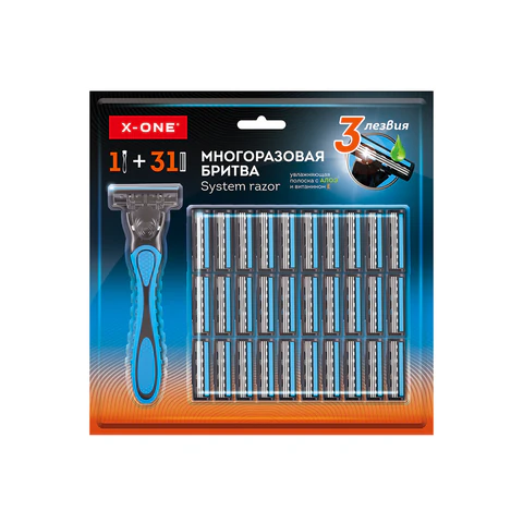 Бритвенный станок многоразовый мужской, 3 лезвия, 31 кассета, синий, X-ONE, 700024 - МСК «Форвард»