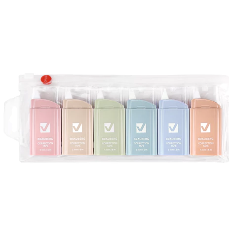 Корректирующая лента BRAUBERG COMPACT PASTEL, 5 мм х 6 м, КОМПЛЕКТ 6 штук, пенал с zip-lock, 272496 - МСК «Форвард»