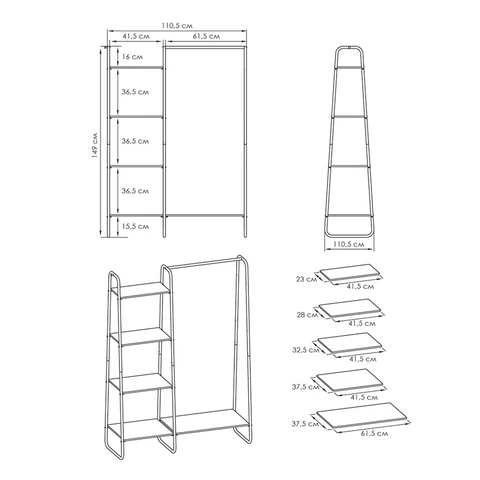 Вешалка-стеллаж ZMI "Скандинавия-1", 1470х1100х385 мм, 5 полок, металл/ЛДСП, черная/дуб, ГСС1 Ч 700930 - МСК «Форвард»