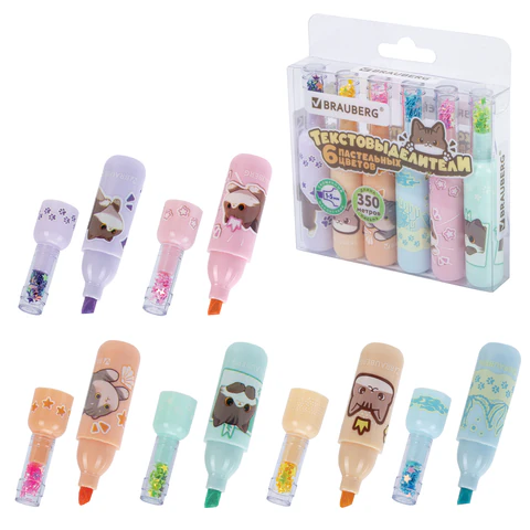 Набор текстовыделителей 6 ПАСТЕЛЬНЫХ ЦВЕТОВ, кросс-серия МИЛЫЕ КОТЫ, линия 1-5 мм, BRAUBERG, 152619 - МСК «Форвард»
