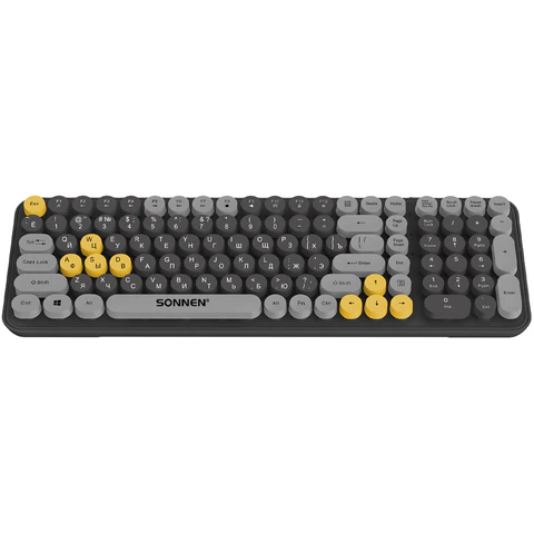 Клавиатура беспроводная бесшумная USB, 105 клавиш, SONNEN K303BY, черная / серая / желтая, 513952