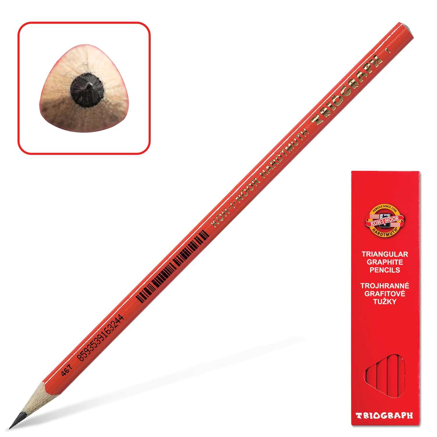 Карандаш чернографитный KOH-I-NOOR, 1шт., "Triograph", B, трехгр, без резин, корп.красный,заточ,1802 180813