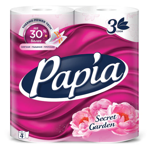 Бумага туалетная бытовая, спайка 4 шт., 3-слойная (4х16,5 м), PAPIA, аромат "Таинственный сад", 5080741 118565