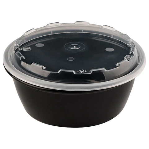 Контейнер одноразовый 950 мл, С КРЫШКОЙ, КОМПЛЕКТ 150шт круглый, диаметр 172 мм, черный/прозрачный, ПП, ВЗЛП, 1265Ч 609228