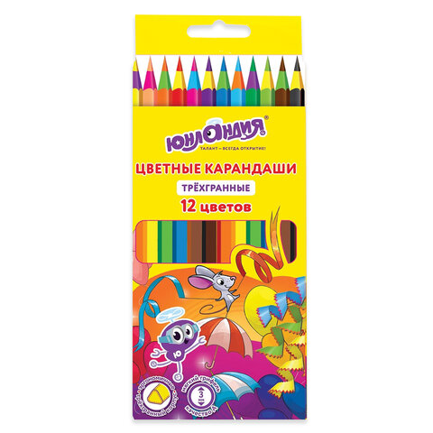 Карандаши цветные ЮНЛАНДИЯ "КАРНАВАЛ", 12 цветов, пластиковые, заточенные, трехгранный корпус,181684