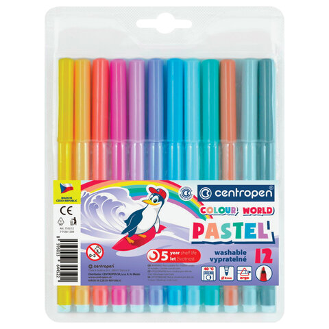 Фломастеры ПАСТЕЛЬНЫЕ 12 ЦВЕТОВ CENTROPEN "Colour World Pastel", смываемые, 7550/12TP, 152079