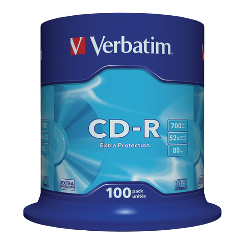 Диски CD-R VERBATIM 700 Mb 52х Cake Box (упаковка на шпиле), КОМПЛЕКТ 100 шт., 43411 511899