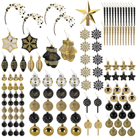 Шары новогодние ёлочные "Black&Gold", НАБОР 130 предметов, черный/золото, пластик, ЗОЛОТАЯ СКАЗКА, 592183 - МСК «Форвард»