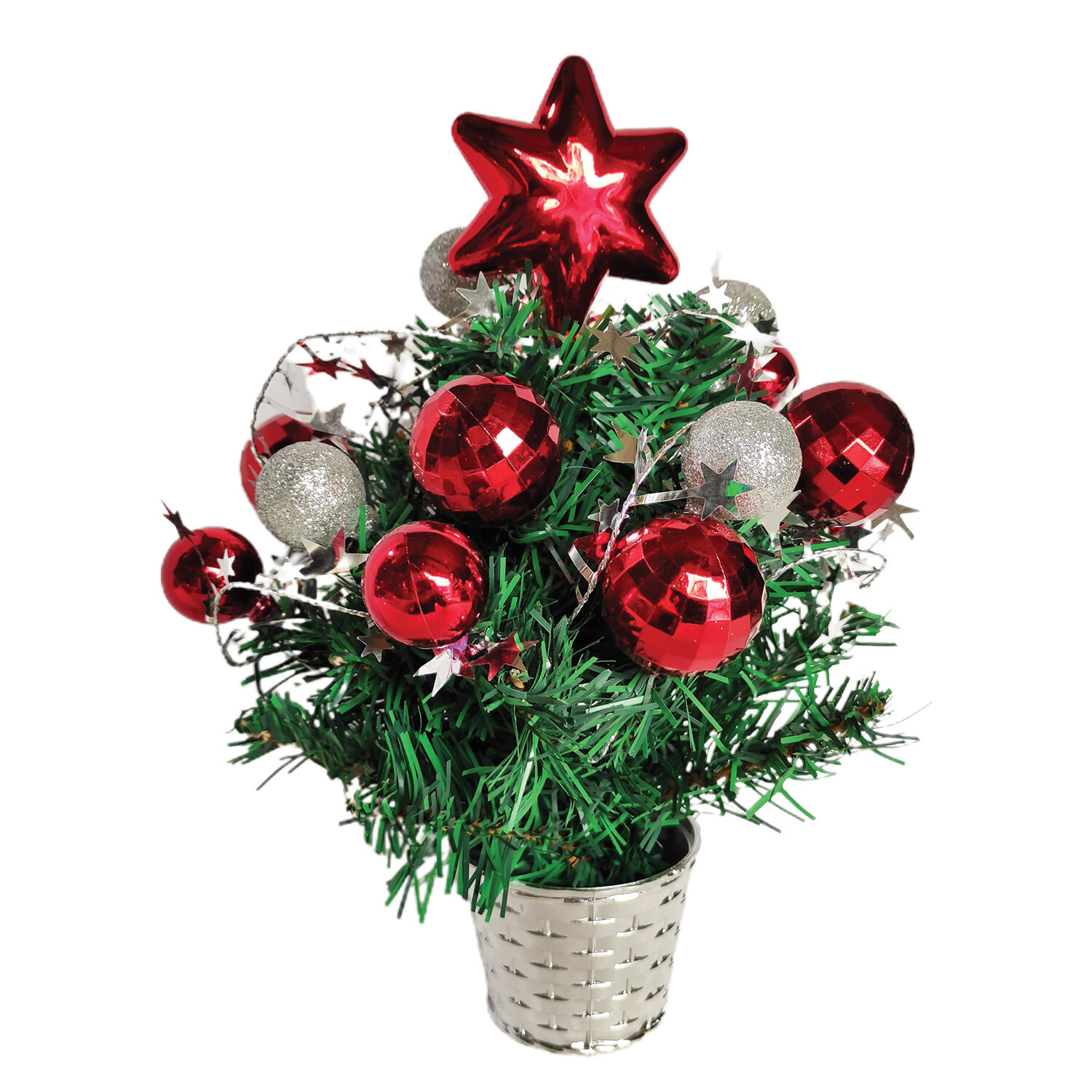 Ель искусственная новогодняя декоративная ЗОЛОТАЯ СКАЗКА 30см, ПВХ, красные/сереб. украшения, 591322