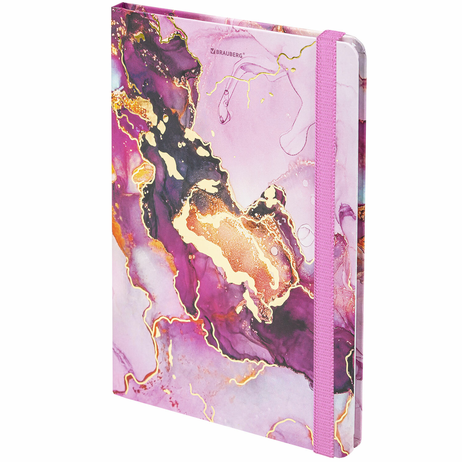 Блокнот с резинкой в клетку 96л, А5 145х203мм, твердая обложка с фольгой, BRAUBERG, Mрамор, 113731