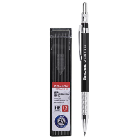 Карандаш механический цанговый 2 мм + грифели HB 12 штук на блистере, BRAUBERG "METALLIC-X 20", металлические детали, 181967 - МСК «Форвард»