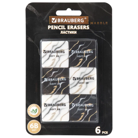 Ластики BRAUBERG "MARBLE", НАБОР 6 штук, 34х34х11 мм, квадратные, экологичный ПВХ, блистер, 272735 - МСК «Форвард»