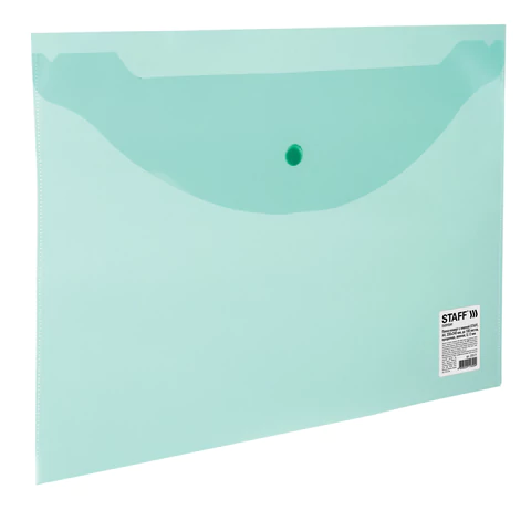Папка-конверт с кнопкой STAFF, А4, до 100 л, прозрачная, зеленая, 0,12 мм, 225171