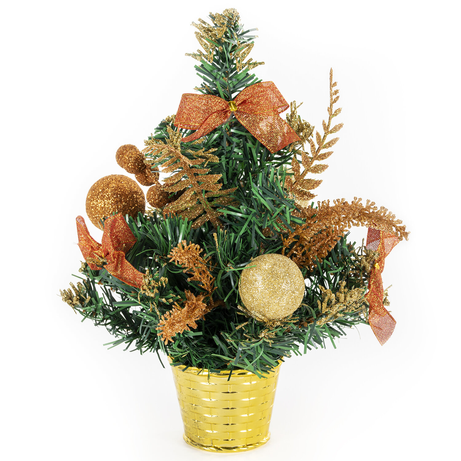 Ель искусственная декоративная 30 см, ПВХ, цвет украшений: медно-золотистый ЗОЛОТАЯ СКАЗКА 591326